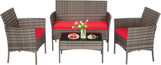 FDW | 4-Piece Patio Furniture Set | Gray & Red |Outdoor Wicker Furniture with Coffee Table | Modern Rattan Chairs Conversation Set | Outdoor Seating | Weather-Resistant | for Porch, Garden, Lawn