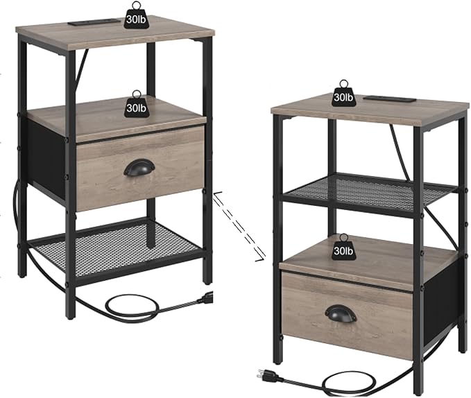 sthmec Nightstands Set of 2, Night Stands with Charging Station and Fabric Drawer, Grey Bedside Tables with Drawers, 2- Tier Side Table with Storage, Nightstands with Charging Station,Grey
