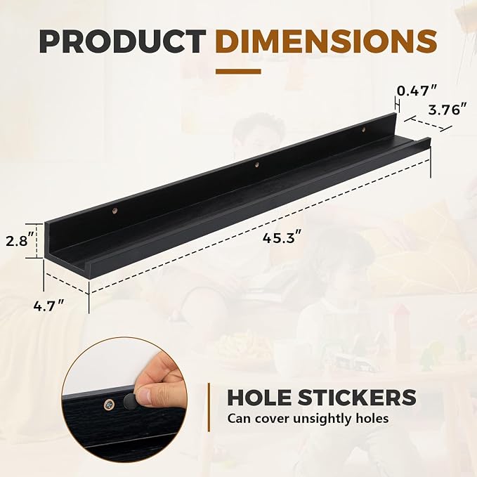Muzilife 45.3" Large Floating Wall Ledge Shelves with Lip - Set of 2 Wood Floating Shelves - Black Wall Mounted Picture Ledge for Office, Bathroom, Bedroom, Living Room, Kitchen