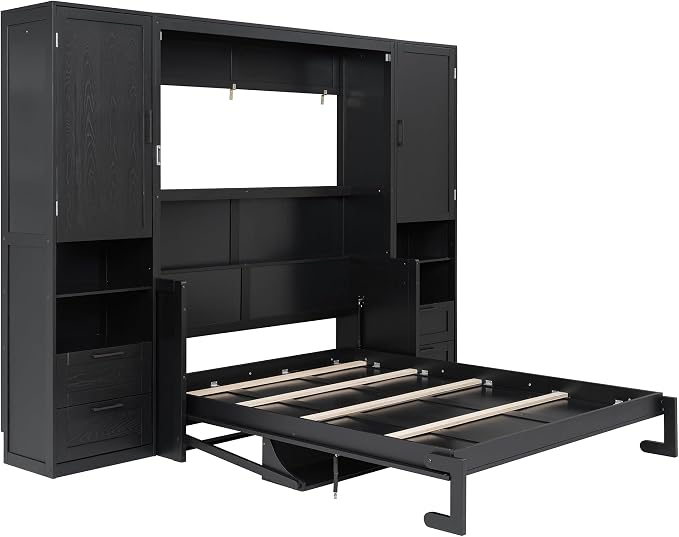 Merax Queen Size Murphy Bed with Desk, Multifunctional Foldable Wall Bed with Closet, Drawers and Shelves, Space-Saving Wood Bed Frame for Small Space Studio Study Office Guest Room, Black(Oak Veneer)