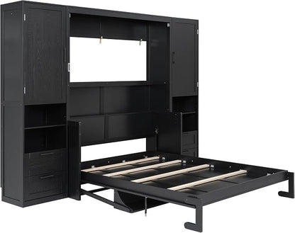 Merax Queen Size Murphy Bed with Desk, Closet, Drawers and Shelves, Fold into The Wall, Space-Saving Foldable Wood Platform Bed Frame for Small Spaces Studio Study Office Guest Room, Black(Oak Veneer)