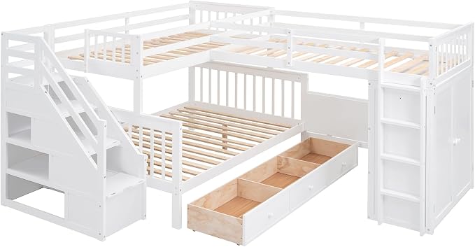 L-Shaped Bunk Bed for 4 Kids, Twin-Twin Over Full with 3 Drawers, Portable Desk and Wardrobe, Solid Wood Bedframe with Stairs and Full-Length Guardrails, No Box Spring Needed (White)