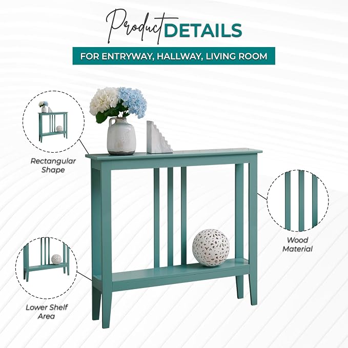 Kings Brand Narrow Console Table w/Storage Shelf, Sofa Entryway Table, Teal | Narrow Console Table with Storage Shelf – Slim Design Fits Entryways, Hallways, Behind Sofas, Shelf Décor, Books, Essentials