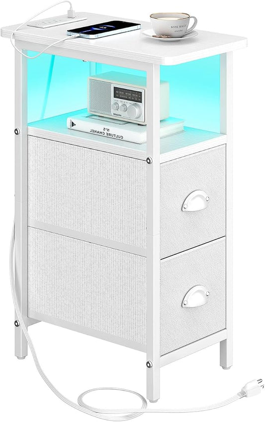 sthmec Narrow End Table with Charging Station, Narrow Side Table with 2 Fabric Drawers, LED End Table, Slim Nightstand with LED Light, Small Side Table for Small Spaces, Living Room, Bedroom, White