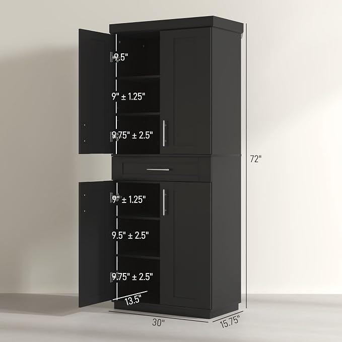 HOMCOM 72" Kitchen Pantry Cabinet, Freestanding Tall Storage Cabinet with 4 Doors, Drawer and 3 Adjustable Shelves for Dining Room, Black