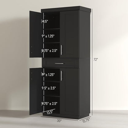 HOMCOM 72" Kitchen Pantry Cabinet, Freestanding Tall Storage Cabinet with 4 Doors, Drawer and 3 Adjustable Shelves for Dining Room, Black