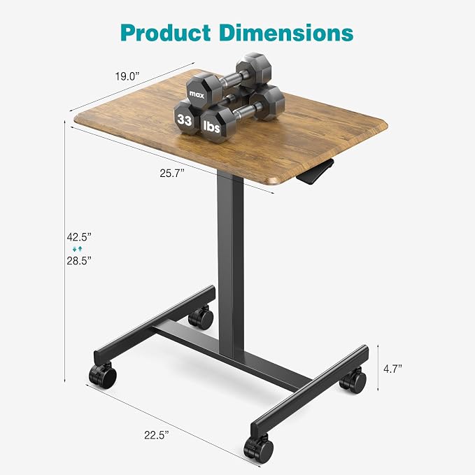 DUMOS Small Standing Desk Mobile Portable Rolling Laptop PC Table on Wheels Adjustable Height Computer Workstation for Home Office Small Space, 19 Inch, Brown