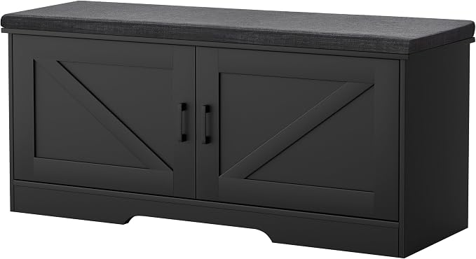 HOMSHO Farmhouse Shoe Storage Bench with 2 Barn Doors & Padded Seat Cushion | 39.4" Wide Entryway Bench with Adjustable Shelves & Hidden Storage, Black