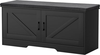 HOMSHO Farmhouse Shoe Storage Bench with 2 Barn Doors & Padded Seat Cushion | 39.4" Wide Entryway Bench with Adjustable Shelves & Hidden Storage, Black
