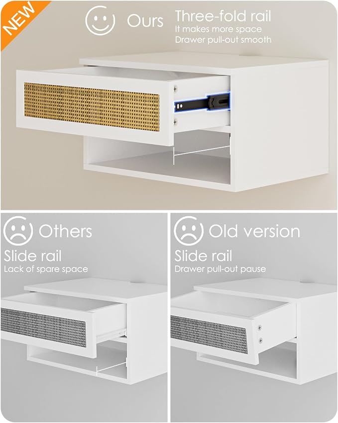 Small Modern Nightstand with Drawer, Floating Shelves for Bedroom, Bathroom (White Rattan)