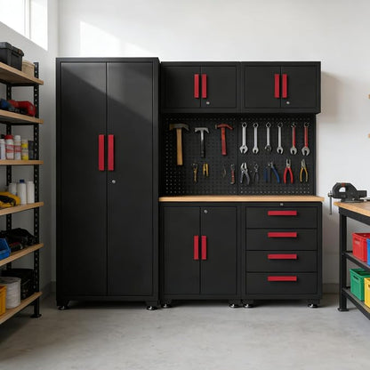 Garage Storage Cabinet System, 6-Pcs Garage Cabinets and Storage System Corner Workshop Set with Corner Cabinet, Cabinet Drawers, Workbench, Pegboard for Tool Organization, Black and Red