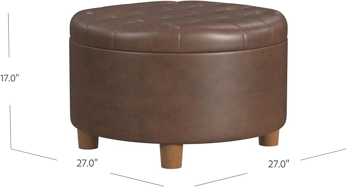 HomePop 28" Button Round Storage Ottoman - Brown Faux Leather