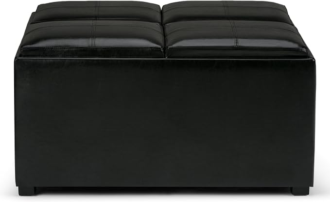 SIMPLIHOME Avalon Wide Contemporary Square Coffee Table Storage Ottoman, Midnight Black, Table Ottoman