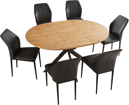 HIPIHOM 43.2"-59.1" MDF Round Extendable Dining Table Set of 6 | Includes 6 PU leather chairs, mid century modern oak finish, durable MDF tabletop, space saving, seats 4-6