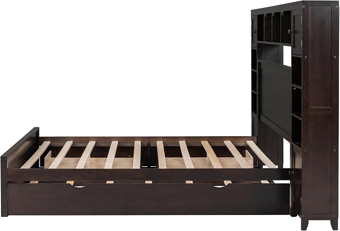 Merax Queen Size Wooden Bed with All-in-One Cabinet and Shelf, Espresso Platform Bed Frame with 2 Drawers, Trundle and Sockets