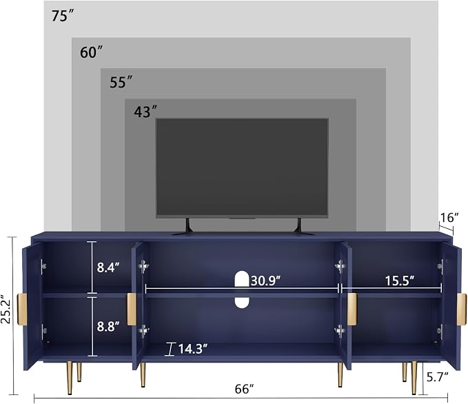 Blue TV Stand for TVs up to 75 Inch, 66" Modern Entertainment Center with Glass Door Storage, TV Cabinet Media Console for Living Room, Bedroom, Under TV Cabinet