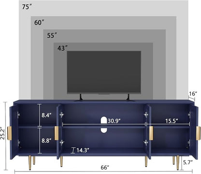 Blue TV Stand for TVs up to 75 Inch, 66" Modern Entertainment Center with Glass Door Storage, TV Cabinet Media Console for Living Room, Bedroom, Under TV Cabinet