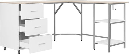 Techni Mobili L Shaped Desk - Two-Toned Computer Desk with Drawers & Storage Shelves - Simple Modern Furniture & Home Office Space Corner Table for Work & Writing | 59" two‑tone L‑shaped desk with storage shelves, durable frame, modern corner workstati...