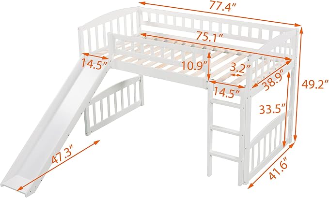 YOPTO Twin Size Loft Bed with Slide and Ladder,Multifunctional Solid Wood Bed Frame,w/Safety Guardrail & 14 Support Slats,No Box Spring Needed,for Kids, Teens, Girls, Boys,White