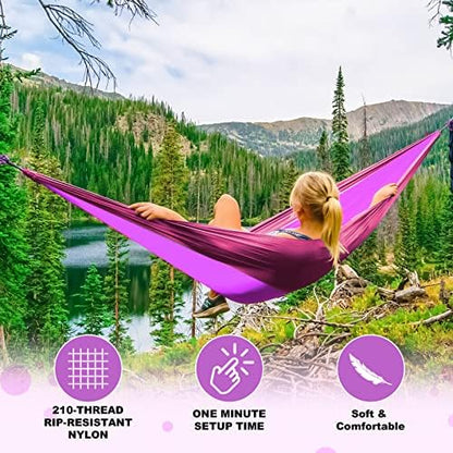 SZHLUX Camping Hammock Double & Single Portable Hammocks with 2 Tree Straps and Attached Carry Bag,Great for Outdoor,Indoor,Beach,Camping,Purple & Pink, Medium