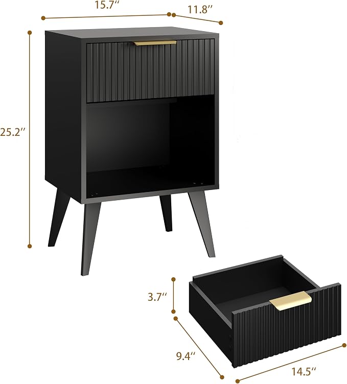 YAUKOMEL Fluted Night Stand with Opening Storage,Mid Century Bedside Table with Drawer,Black Nightstand with Wood Legs,End Table Side Table for Living Room,Bedroom,11.8" Dx15.7 Wx 25.2" H CTG56BK