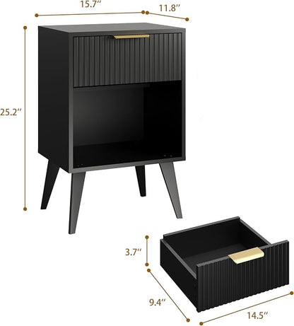 YAUKOMEL Fluted Night Stand with Opening Storage,Mid Century Bedside Table with Drawer,Black Nightstand with Wood Legs,End Table Side Table for Living Room,Bedroom,11.8" Dx15.7 Wx 25.2" H CTG56BK