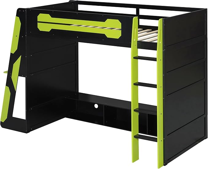 Merax Twin Size Loft Bed with Desk, Multi-Storage Shelves and RGB Light | Space-Saving Wooden Gaming Bed Frame with Charging Station and Guardrail