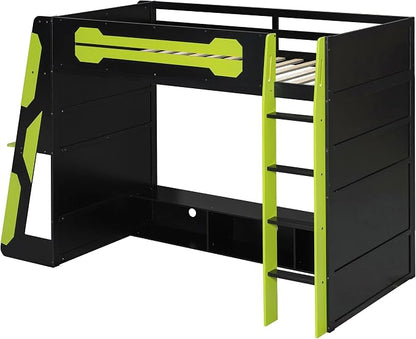 Merax Twin Size Loft Bed with Desk, Multi-Storage Shelves and RGB Light | Space-Saving Wooden Gaming Bed Frame with Charging Station and Guardrail