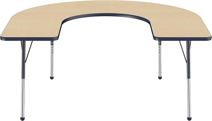 FDP Horseshoe Activity School and Office Table (60 x 66 inch), Standard Legs with Ball Glides for Collaborative Seating Environments, Adjustable Height 19-30 inches - Maple Top and Navy Edge
