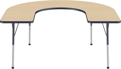 FDP Horseshoe Activity School and Office Table (60 x 66 inch), Standard Legs with Ball Glides for Collaborative Seating Environments, Adjustable Height 19-30 inches - Maple Top and Navy Edge