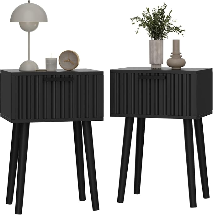 YMYNY Fluted Nightstand Set of 2, Small End Table, Modern Coffee Table with Drawer, Solid Wood Legs, Retaining Chain, 13.8" x 10.6" x 20.9", for Bedroom and Small Spaces, Black UHST014B-2
