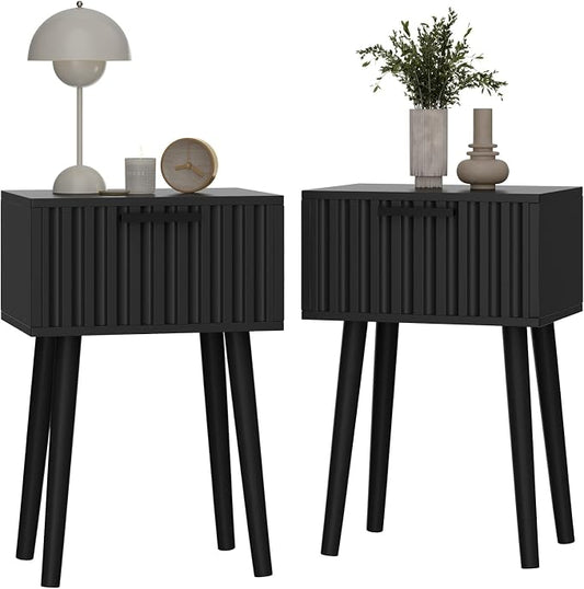 YMYNY Fluted Nightstand Set of 2, Small End Table, Modern Coffee Table with Drawer, Solid Wood Legs, Retaining Chain, 13.8" x 10.6" x 20.9", for Bedroom and Small Spaces, Black UHST014B-2