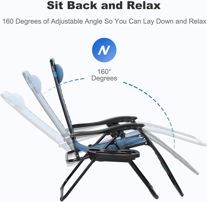 Nazhura Set of 2 Relaxing Recliners Patio Chairs Adjustable Steel Mesh Zero Gravity Lounge Chair Beach Chairs with Pillow and Cup Holder (Sky Blue)