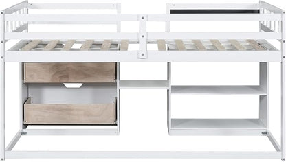 Bellemave Twin Size Low loft Bed for Kids,Wood Loft Beds,Modern Farmhouse Twin loft Bed,Loft Bed with Rolling Desk and Storage, Shelf and Drawers No Box Spring Needed,for Kids, White