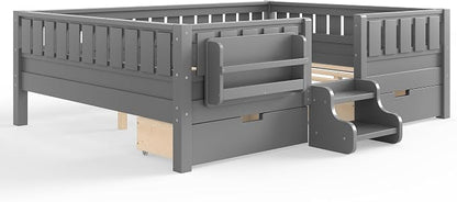 Bellemave Queen Size Bed with Slats and Stairs, Queen Size Platform Bed Frame with Fence, Bookshelf and Storage Drawers, Easy Assemble Beds for Girls, Boys, Gray