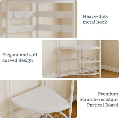 GiftGo Corner Hall Tree with Shoe Bench Entryway Coat Rack with 10 Metal Movable Hooks Freestanding Clothes Rack Shoes Shelf Organizer for Home Office Bedroom (White)