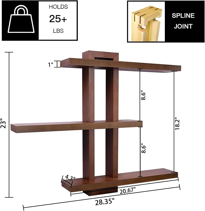 yaqew Variable Floating Shelves Wood Set of 3, Cube Wall Mounted Shelves 28.35" Max, Wall Shelves for Living Room Bathroom Bedroom Farmhouse - Light Walnut Color - 28.35" x 23" x 4.3" Max