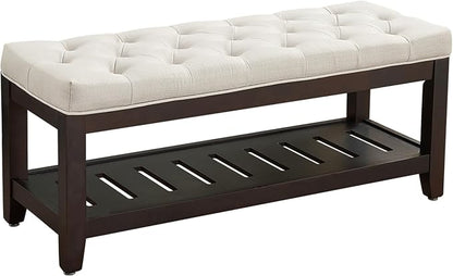 adochr Linen Large Rectangular Ottoman with Storage, Upholstered Entryway Bench for Living Room, Oversized Button Tufted Ottoman with Wood Shelf Storage, Beige