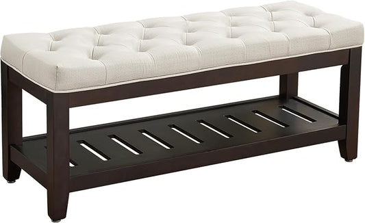 adochr Linen Large Rectangular Ottoman with Storage, Upholstered Entryway Bench for Living Room, Oversized Button Tufted Ottoman with Wood Shelf Storage, Beige