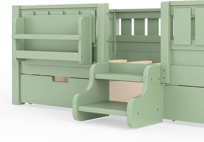 Bellemave Twin Bed with Storage Drawers & Bookshelf, Low Profile Kids Bed Frame with Staircase & Full Length Guardrails, Wood Twin Bed for Kids with Slats Load 350LBS, Easy Assembly, Green