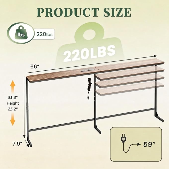 Slim Console Table with Outlet & Height Adjustable, 66'' Behind Sofa Table | Sofa Console Table with 3 AC Outlets & 2 USB Ports, Height(25.2''–31.3'') Slim Sofa Table Behind Couch for Living Room, Brown