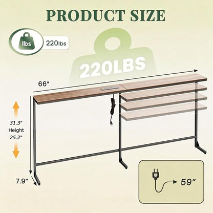 Slim Console Table with Outlet & Height Adjustable, 66'' Behind Sofa Table | Sofa Console Table with 3 AC Outlets & 2 USB Ports, Height(25.2''–31.3'') Slim Sofa Table Behind Couch for Living Room, Brown