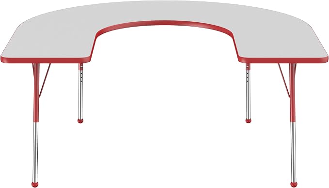 FDP Horseshoe Activity School and Office Table (60 x 66 inch), Standard Legs with Ball Glides for Collaborative Seating Environments, Adjustable Height 19-30 inches - Gray Top and Red Edge