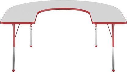 FDP Horseshoe Activity School and Office Table (60 x 66 inch), Standard Legs with Ball Glides for Collaborative Seating Environments, Adjustable Height 19-30 inches - Gray Top and Red Edge