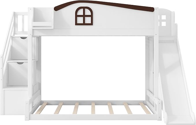 RUNNA Twin Over Full Bunk Bed with Slide,Storage Stairs,Shelf | Twin over full bunk bed with slide, storage stairs, overhead shelf, solid wood, guardrails, no box spring needed