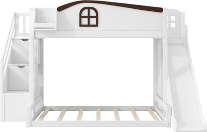 RUNNA Twin Over Full Bunk Bed with Slide,Storage Stairs,Shelf | Twin over full bunk bed with slide, storage stairs, overhead shelf, solid wood, guardrails, no box spring needed