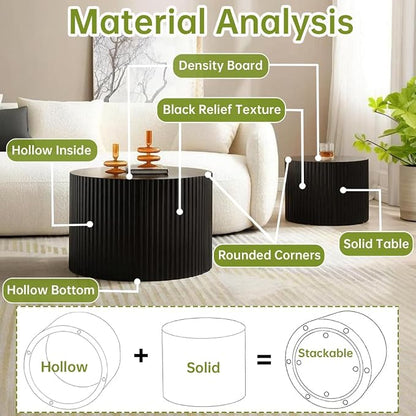 Round Nesting Coffee Table Modern Black Fluted Coffee Table Set of 2 Stripe Round Coffee Tables Circle Drum Coffee Tables Side Table Accent End Table for Living Room (Black Large)