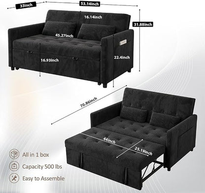Sofa Bed, Loveseat 3-in-1 Sleeper Sofa with Pull Out Bed, Pockets and USB, Modern 2 Seater Convertible Small Couch for Living Room Bedroom Apartment (Black, Corduroy)