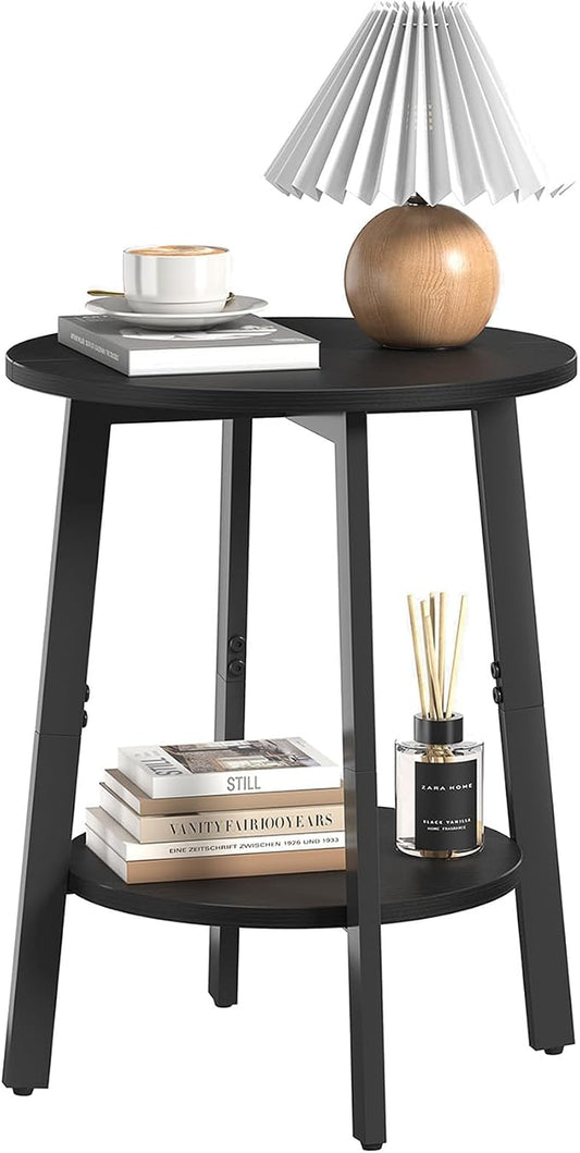 sthmec Side Table, Small Round End Table with Storage Shelf for Small Space, 2-Tier Black Bedside Table Sofa Couch Table, Round Accent Table Nighstands for Living Room, Bedroom, Black