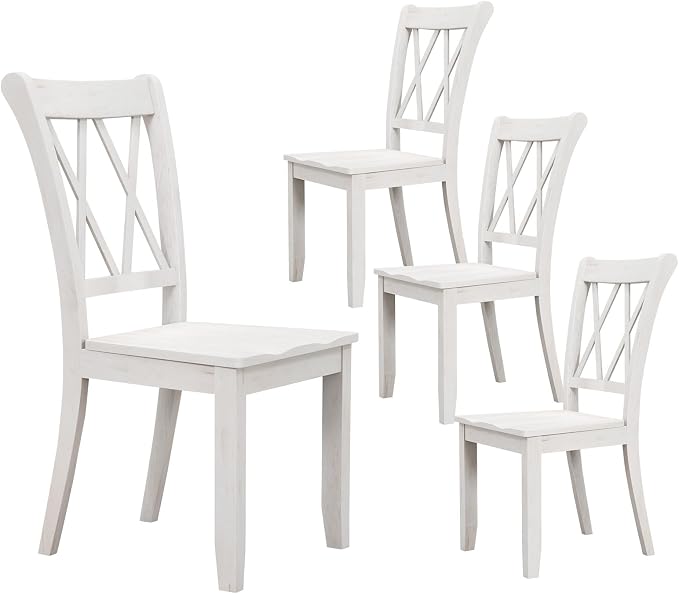 SIMOE Set of 4 Wooden Dining Chairs, Mid Century Farmhouse Kitchen Chairs, Solid Rubberwood Armless Side Chairs with High Back, Ergonomic Seats for Dining Room Living Room, White